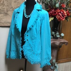 Turquoise Fringe Open-Front Women's Jacket